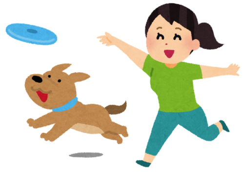 「フリスビーで元気に遊ぶ犬と女の子のイラスト」