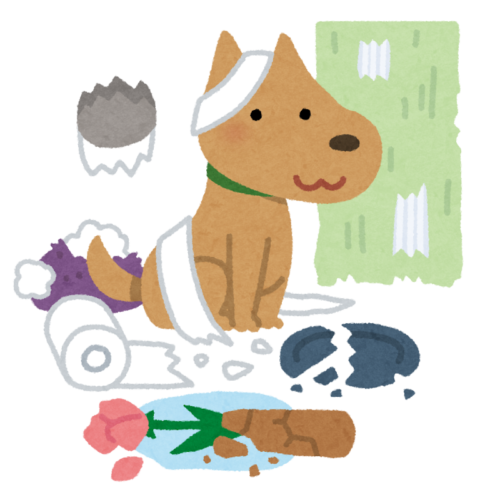 「イタズラして物を散らかしている犬のイラスト」