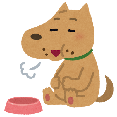 「ご飯を食べて満足そうにしている犬のイラスト」