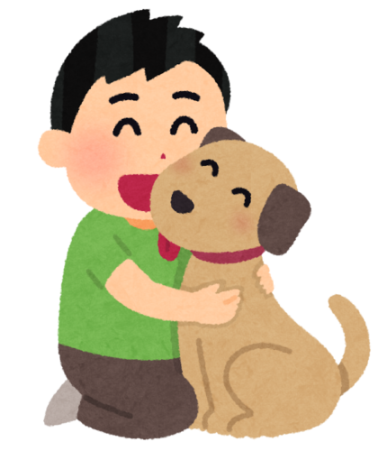 「笑顔で犬とハグする男の人のイラスト」
