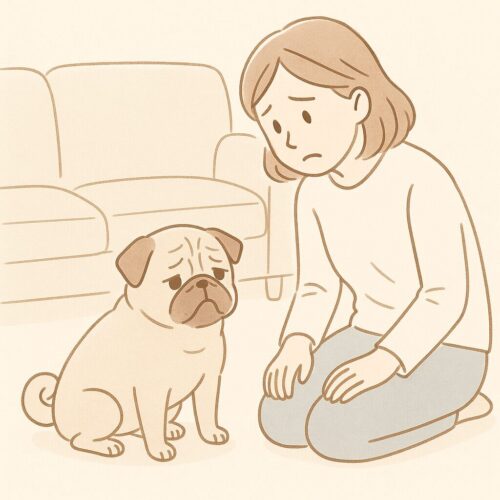 ソファに登れず困っているシニア犬を、優しく見守る飼い主の線画イラスト。高齢犬の生活の悩みを表現。