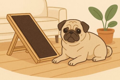 ペットスロープのそばで穏やかに休むシニア犬のイラスト。安心感を表現。