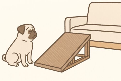 木製のペットスロープを使ってソファに上る小型犬(パグ)の線画イラスト。安全に上り下りする様子を描写。