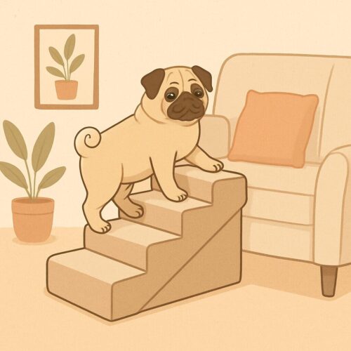 ソファ横のペット階段を上るシニア犬(パグ)の線画イラスト。階段タイプの使用イメージを示す。