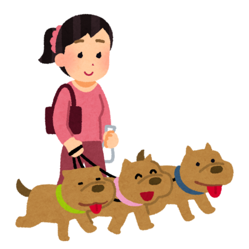 女性が犬3匹と一緒に散歩しているイラスト