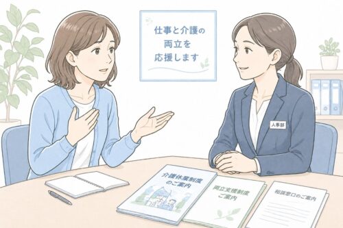 仕事と介護の両立について、人事担当に相談する女性のイラスト。