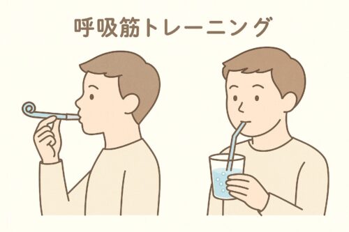 呼吸筋トレーニングのふきもどし笛とブローイングをしてるイラスト