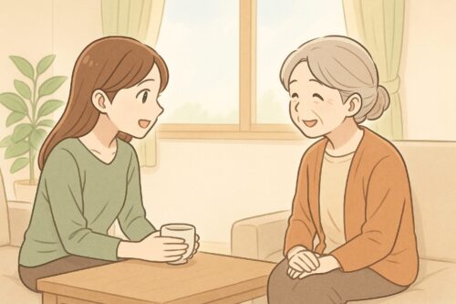 穏やかな笑顔で向かい合い、静かに会話をする母と娘のアニメ調イラスト。温かい光が差し込むリビングで、やさしい時間を共有している様子。