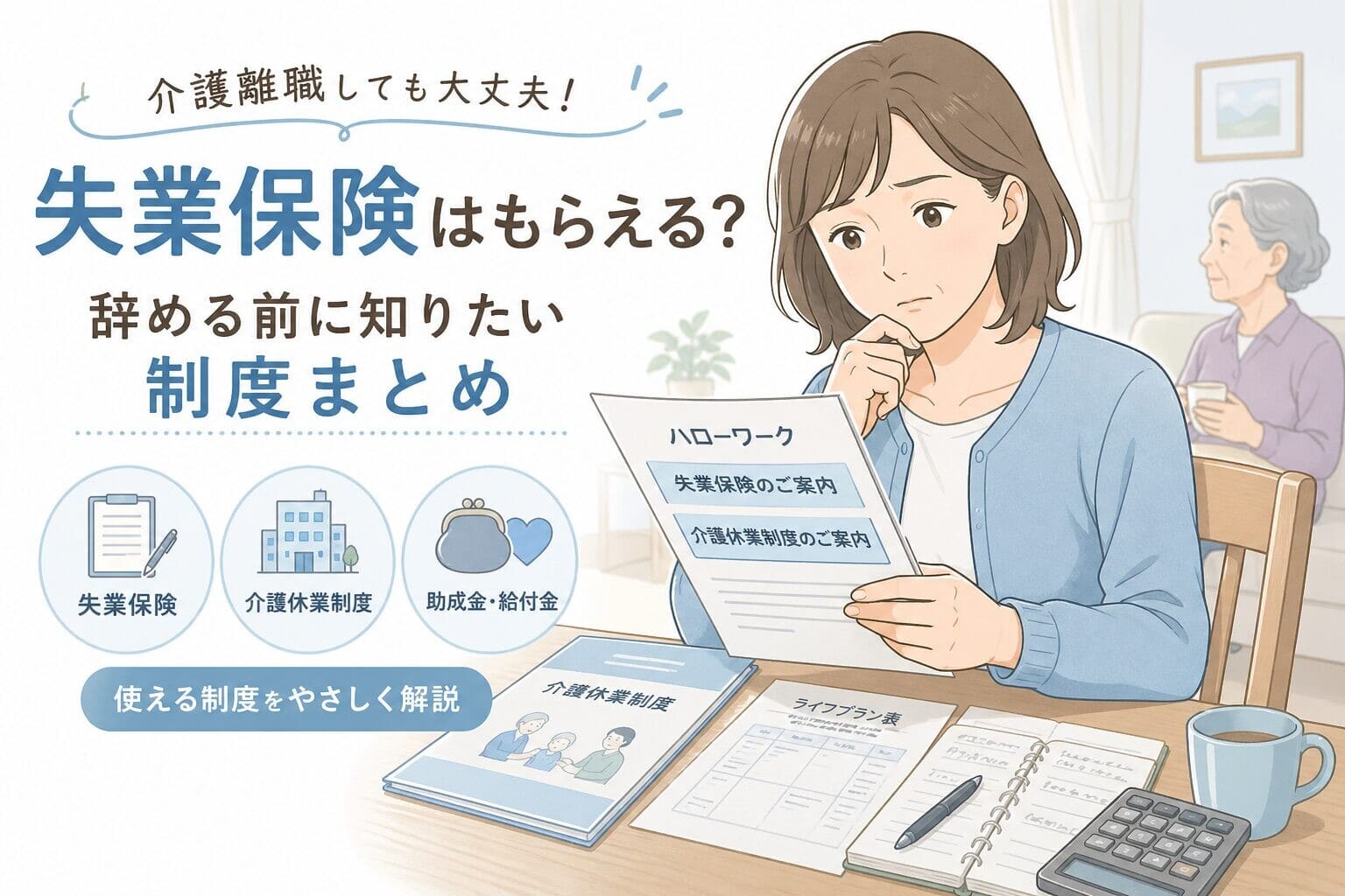 親の介護で仕事を辞めるか悩み、失業保険や介護休業制度の書類を見る女性のイラスト。