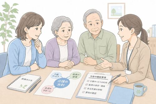 家族とケアマネジャーが、介護と仕事の両立について一緒に相談しているイラスト。