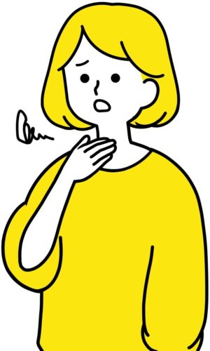 声が出しにくいとのどに手を当てた女性のイラスト
