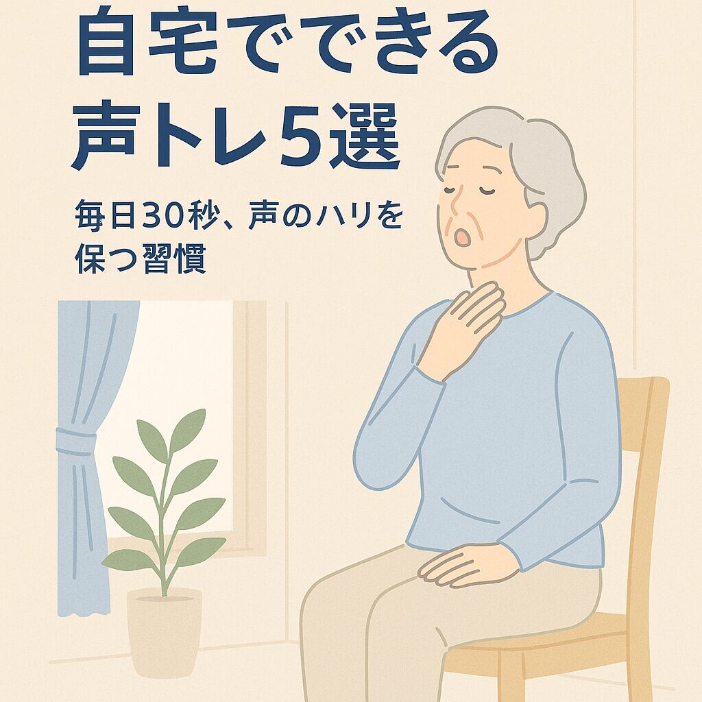 高齢女性が自宅のリビングでイスに座り、ゆっくり発声練習をしている線画風イラスト。白背景に淡いブルーとベージュの配色で、清潔感と安心感のある雰囲気。「毎日30秒、声のハリを保つ習慣」と書かれている。