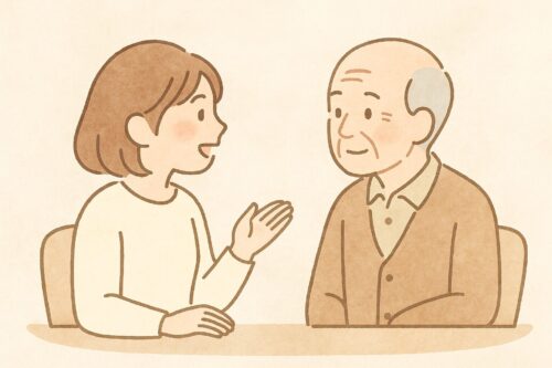 家族が高齢者に口元を見せながらゆっくり話しているイラスト。