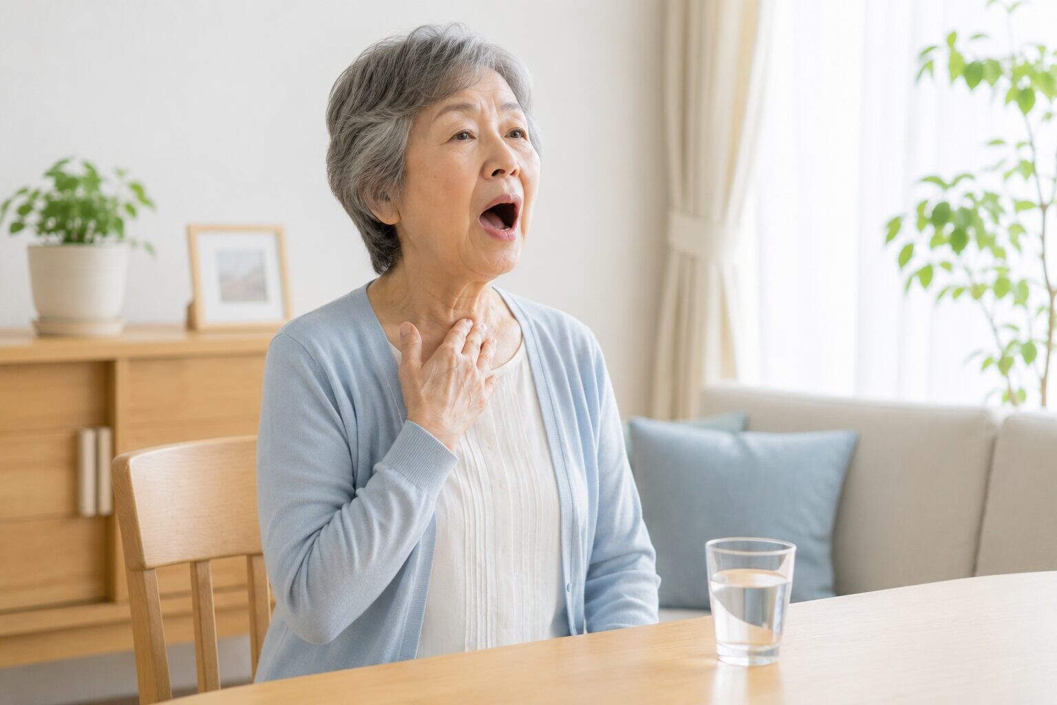 自宅でゆっくり発声トレーニングをする高齢女性