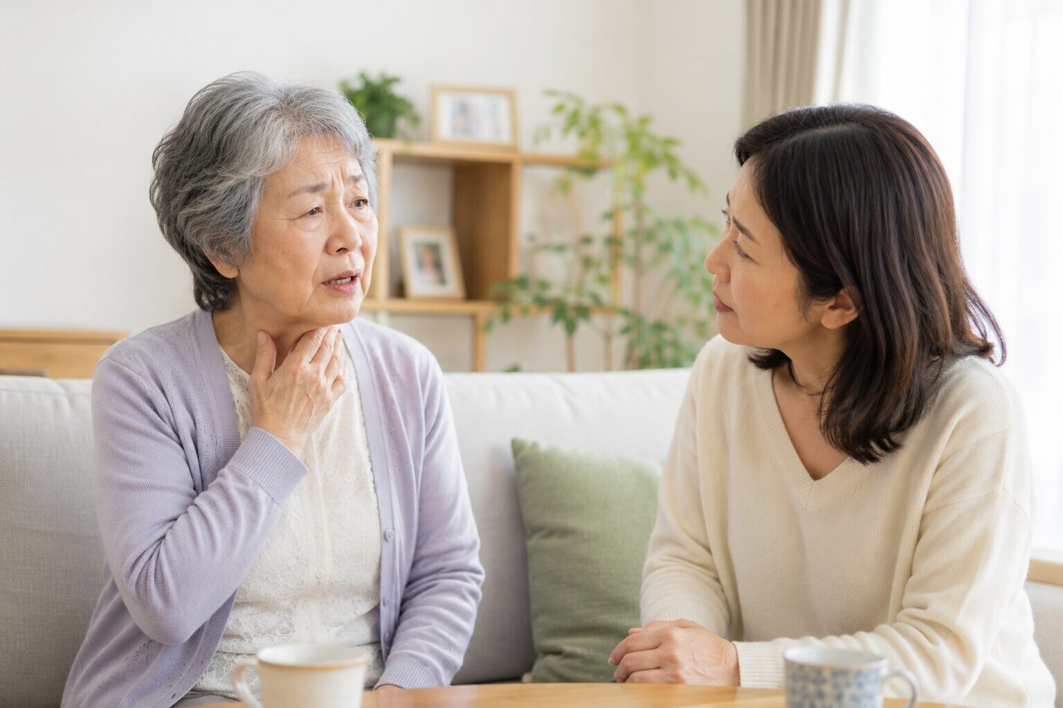 高齢の母親が声のかすれを気にして喉に手を添え、娘に相談している様子