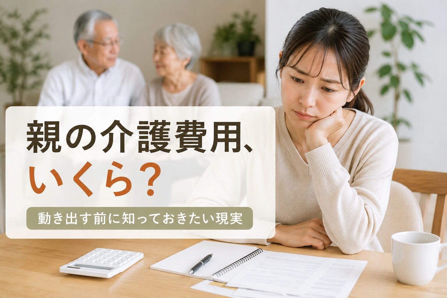 親の介護費用に悩む女性と高齢の両親のイメージ写真。家計簿や書類を前に考え込む様子