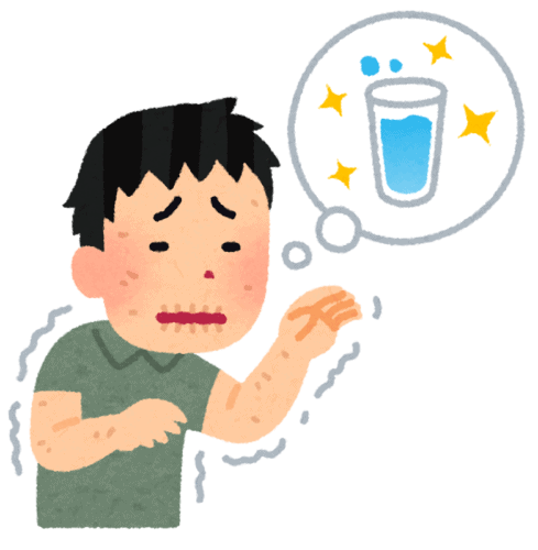 のどが渇いている人のイラスト。脱水症状の初期サインを示す。