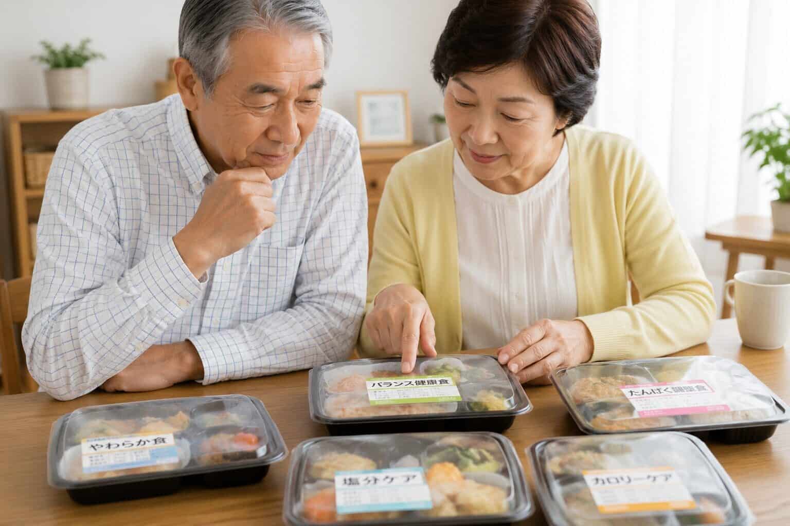 食卓に3～4種類の宅配弁当が並び、高齢の夫婦（または女性）が中身を見比べながら選んでいる写真風。比較ではなく「どれが合うかな」と選んでいる雰囲気。