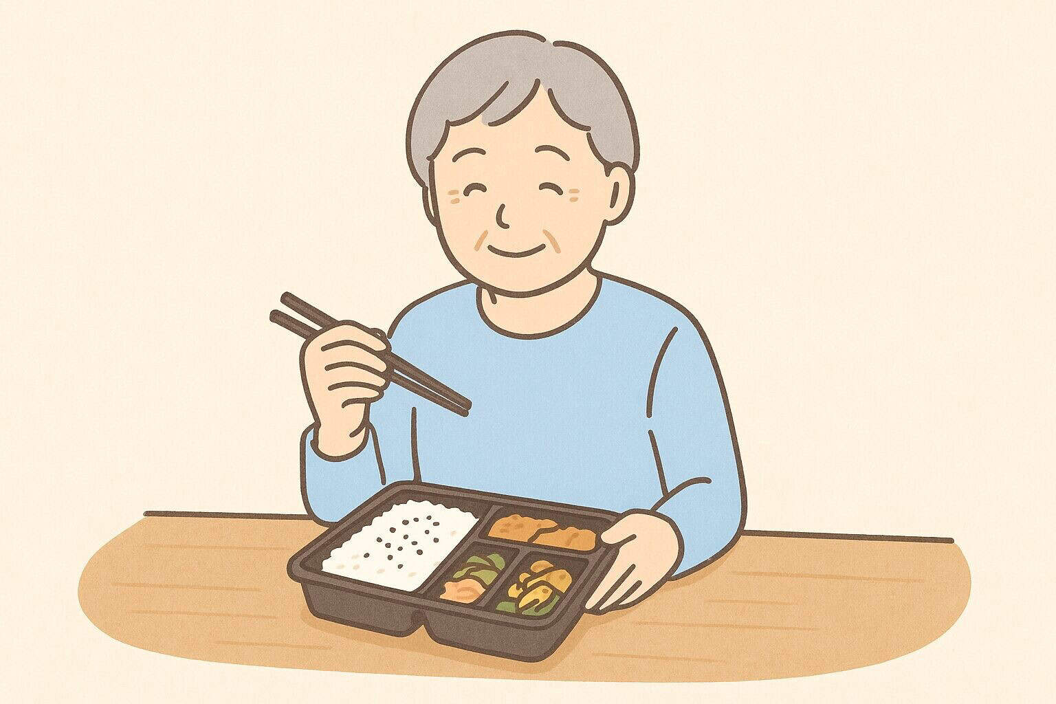 「宅配弁当を笑顔で食べる高齢者のイラスト」
