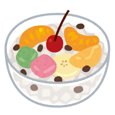 フルーツ蜜豆の器。色とりどりの果物と寒天、あんこが入っている