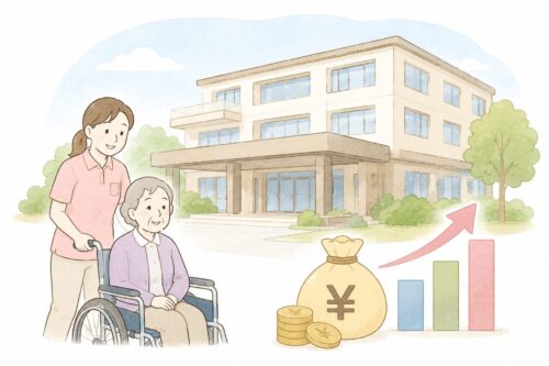介護施設と費用の関係を表したイラスト。建物と車いすの高齢者、金銭イメージから費用の違いを示している