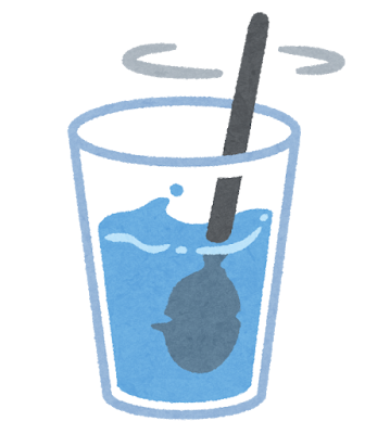 とろみ剤をかき混ぜて作る飲み物のイラスト。家庭での飲みやすさの工夫を示す