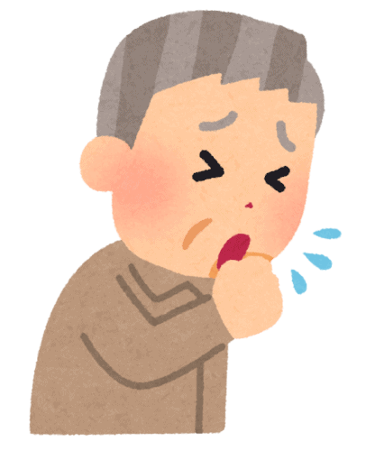 おじいさんがむせている様子。高齢者の食事中の誤嚥リスクを示すイメージ。