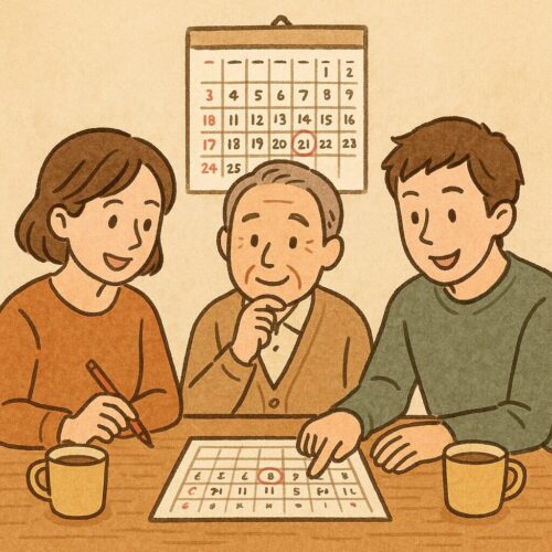 家族がこたつを囲み、カレンダーを見ながら予定を立てているイラスト。