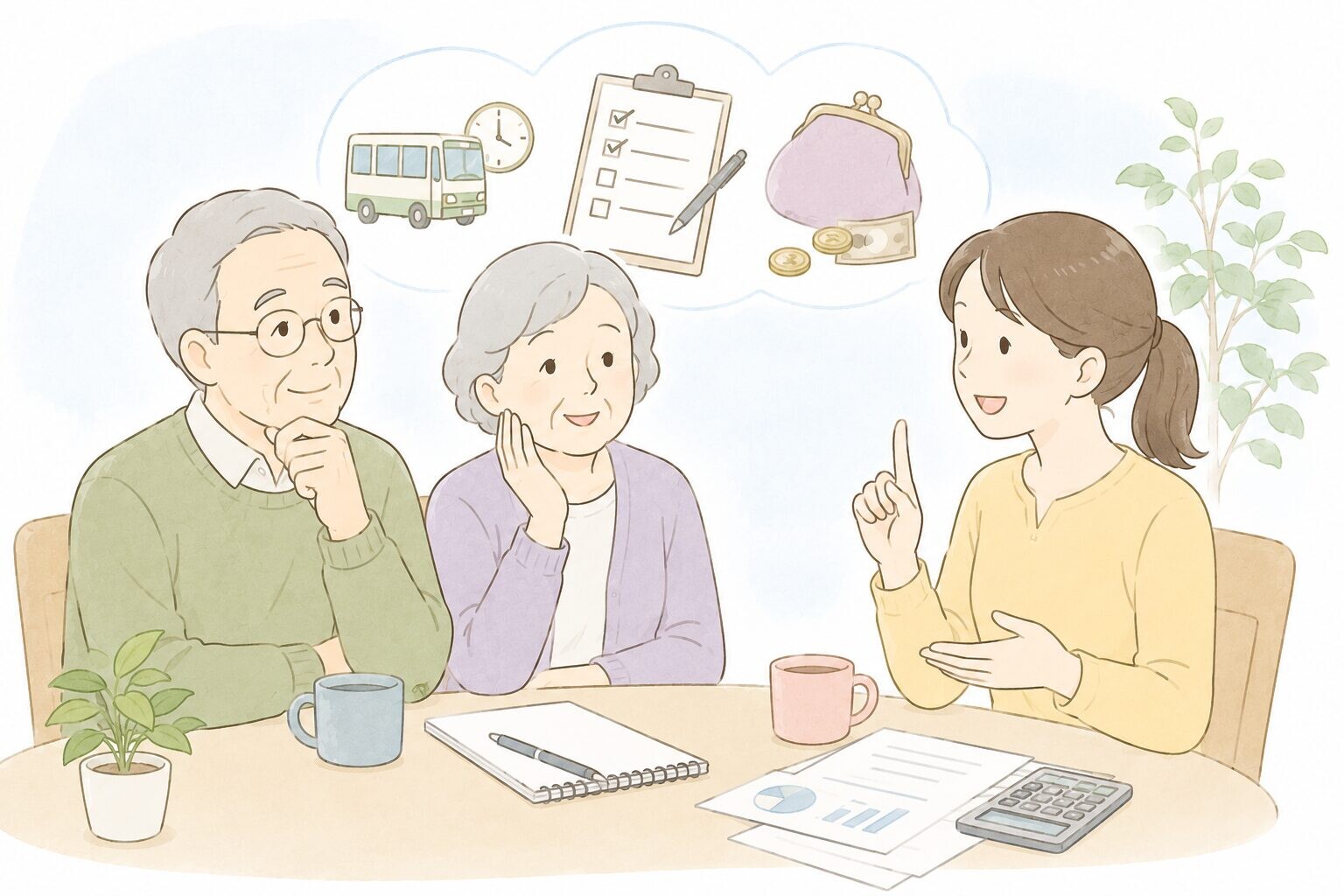 親と子が介護やお金について話し合うイラスト。ノートや家計資料を見ながら相談している様子