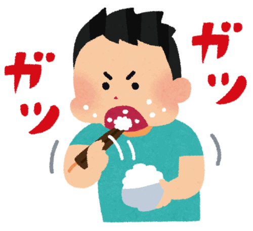 食事を急いで口いっぱいに頬張る男性。