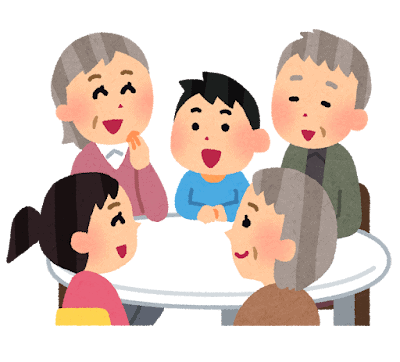 介護施設で孫や子どもに囲まれて、笑顔で談笑する高齢者のイラスト