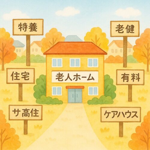 老人ホームの建物を中心に、「特養」「老健」「有料」「住宅型」「サ高住」「ケアハウス」と書かれた看板が周囲に並ぶイラスト。秋の明るい街並みが描かれている。