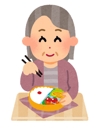 ：「宅配弁当を笑顔で食べる高齢女性のイラスト」