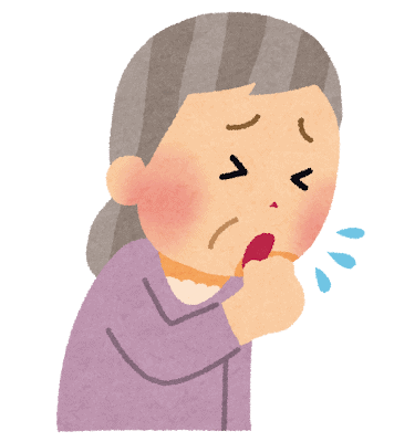 食事中にせき込む高齢女性。むせて苦しそうにしている様子。