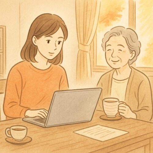 室内のテーブルで、娘がノートパソコンを開き介護施設の情報を調べている。隣では高齢の母が穏やかにお茶を飲んでおり、秋の午後の光が差し込むやさしい雰囲気のイラスト。