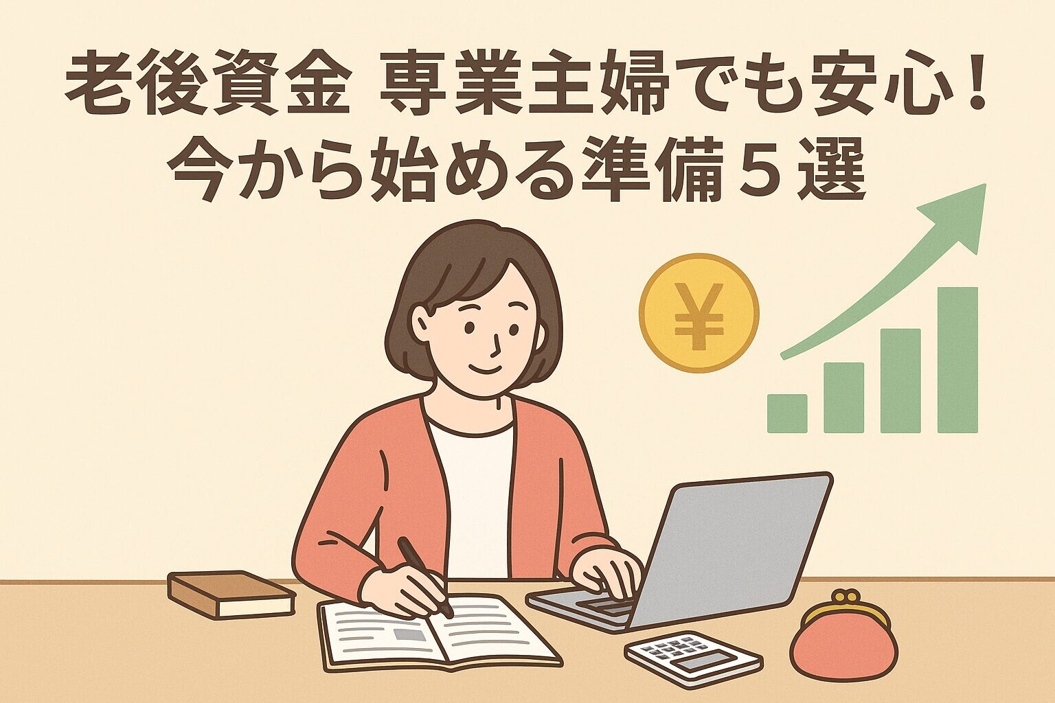 専業主婦やパート女性が家計簿やパソコンで資産管理している様子