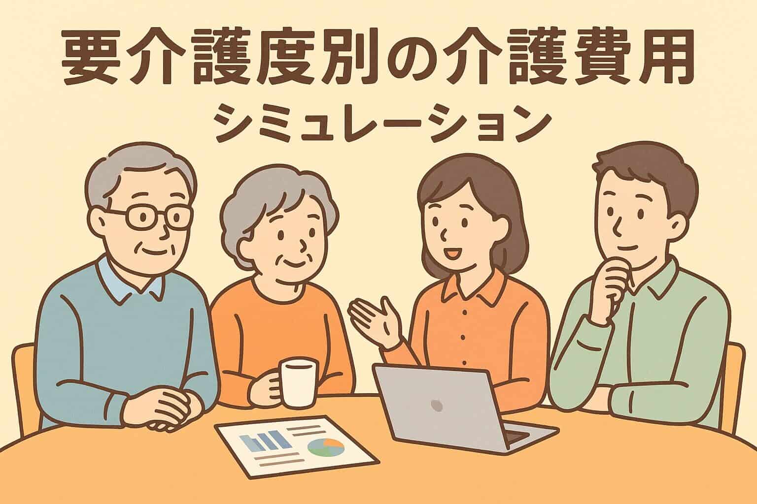 「要介護度別の介護費用シミュレーションをイメージしたイラスト」