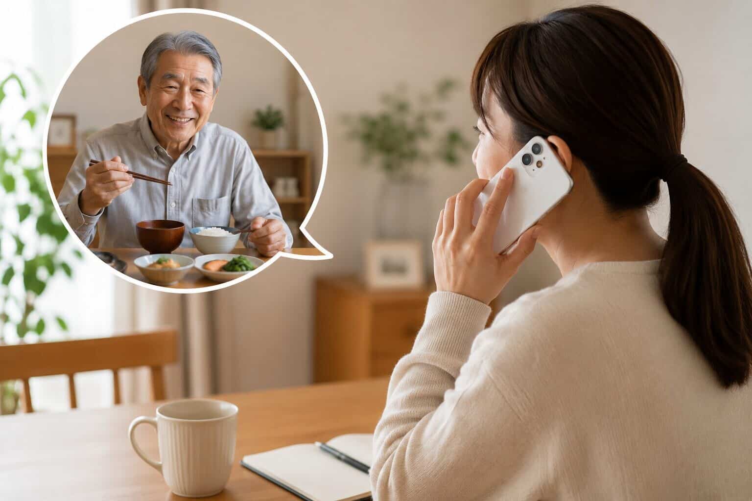 娘が遠方から親と電話しながら食事を気にかけているシーン。テーブルには食事、親は「大丈夫だよ」と笑っているが、娘は少し心配そう。この記事のテーマである「離れて暮らす親」が一目で伝わる。