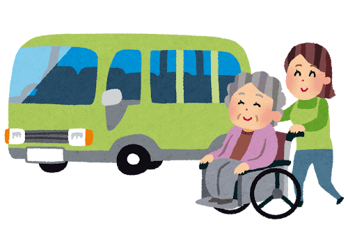 「デイサービスの送迎車に乗る高齢女性と職員のイラスト」