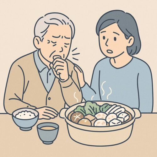 家族と鍋料理を囲み、むせて咳き込む高齢者の様子。冬に鍋でむせる原因を示すイラスト。