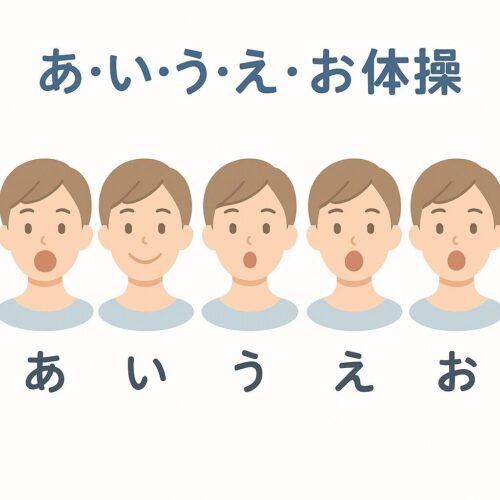 あ・い・う・え・お体操の口の形を正面から示したイラスト。各母音に合わせた口の開き方がわかる教育資料風の図。