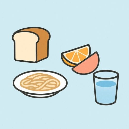 高齢者がむせやすい食材のイラスト｜パン、そうめん、みかん、もも、コップの水