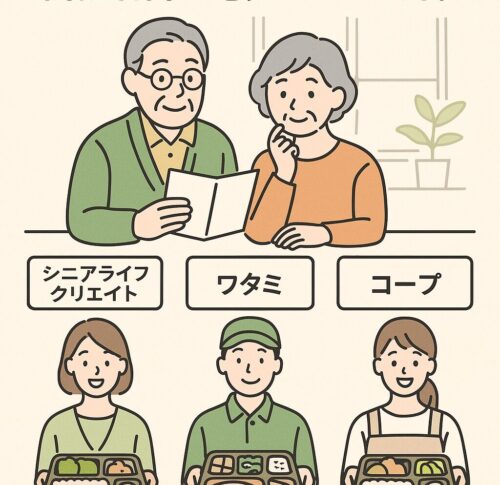 シニアライフクリエイト・ワタミ・コープの宅食サービスを比較するイメージ。