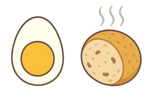 がんもどきやゆで卵を断面で描いたイラスト。汁が先に口の奥に流れ、むせやすい食材の例。