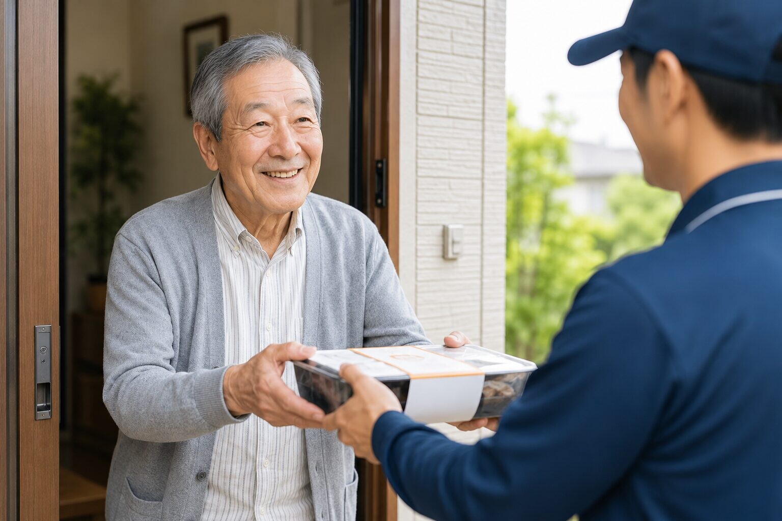 玄関先で、高齢男性が宅配スタッフから宅配弁当を受け取っている写真風画像。親の一人暮らしを宅食サービスで支える安心感を表している。