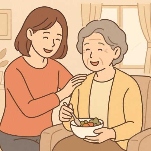 宅食のお弁当を食べた感想を伝える高齢者と、それを聞く子ども。食事が親子の会話や見守りにつながる様子を表すイラスト。