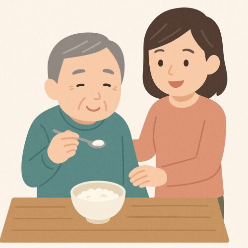 高齢者がスプーンで少量ずつ食べ、家族が優しく見守るイラスト。安全に食べる工夫を示す。