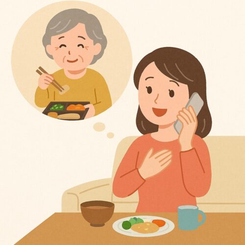 一人暮らしの高齢者と、離れて暮らす子どもが電話で食事について話す様子。宅食サービスで安心を支えるイメージ。