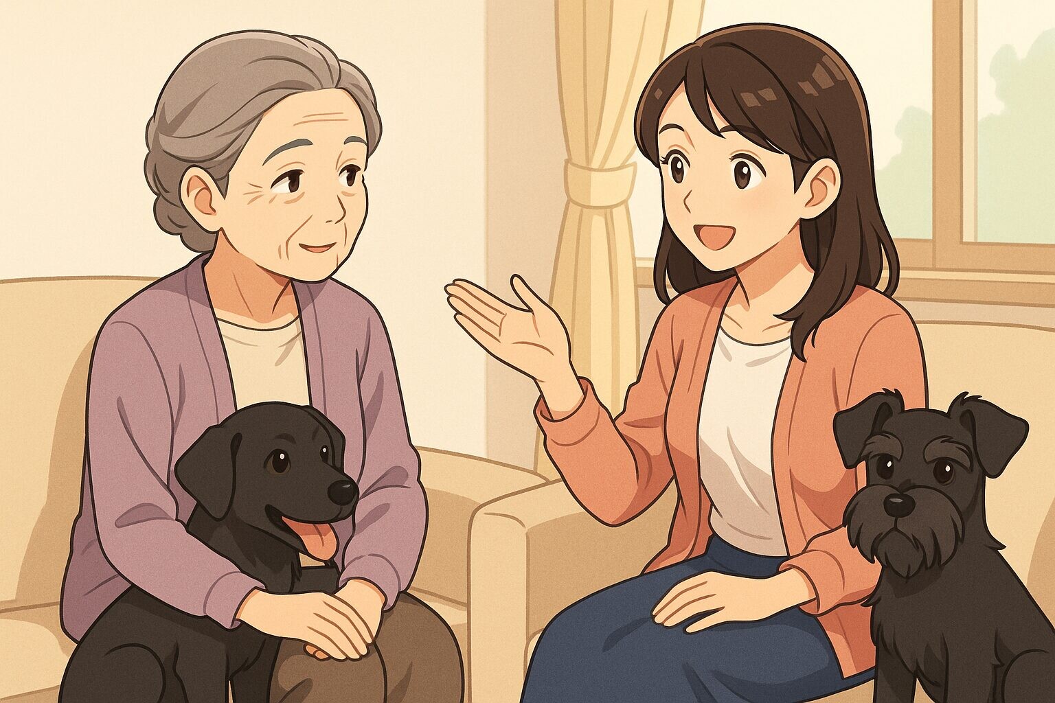 高齢の親と娘が明るいリビングで笑顔で会話している。足元には黒いパグと黒いシュナウザーが寄り添う、家族と介護の温かい雰囲気のイラスト。