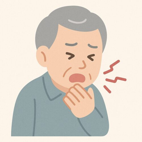 食事中に咳き込む高齢者のイラスト。むせやすいサインや誤嚥リスクを表している。